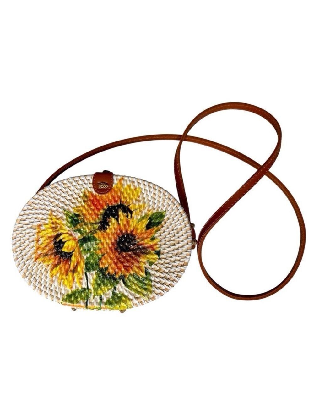 Ata Handwoven Rattan Sunflower Tropical Crossbody Bag Oval Large